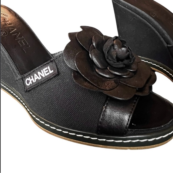 CHANEL Canvas & Leather Camellia Slide On Platform Wedge Sandals Black 36.5 EU - Picture 5 of 11